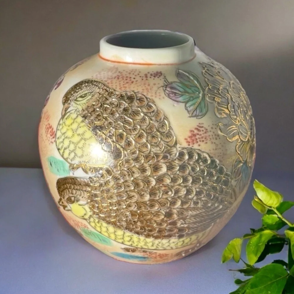 Vintage Chinese Export Partridge Chrysanthemum Hand-Painted Porcelain Vase
